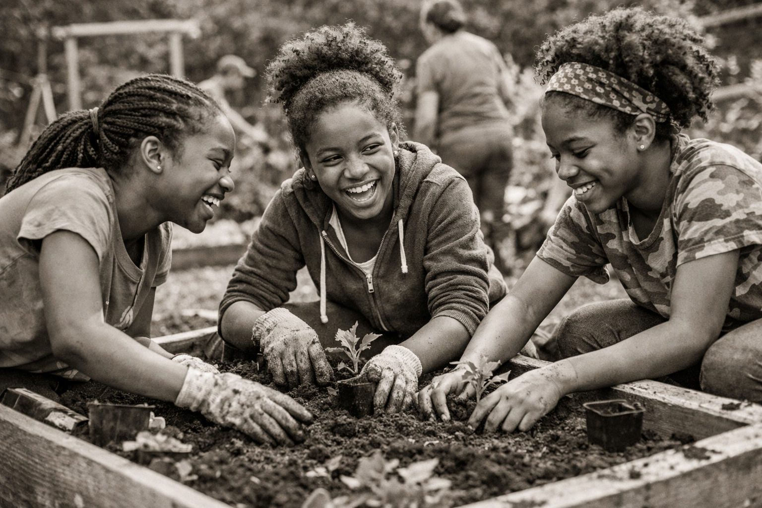 Girls in a community garden