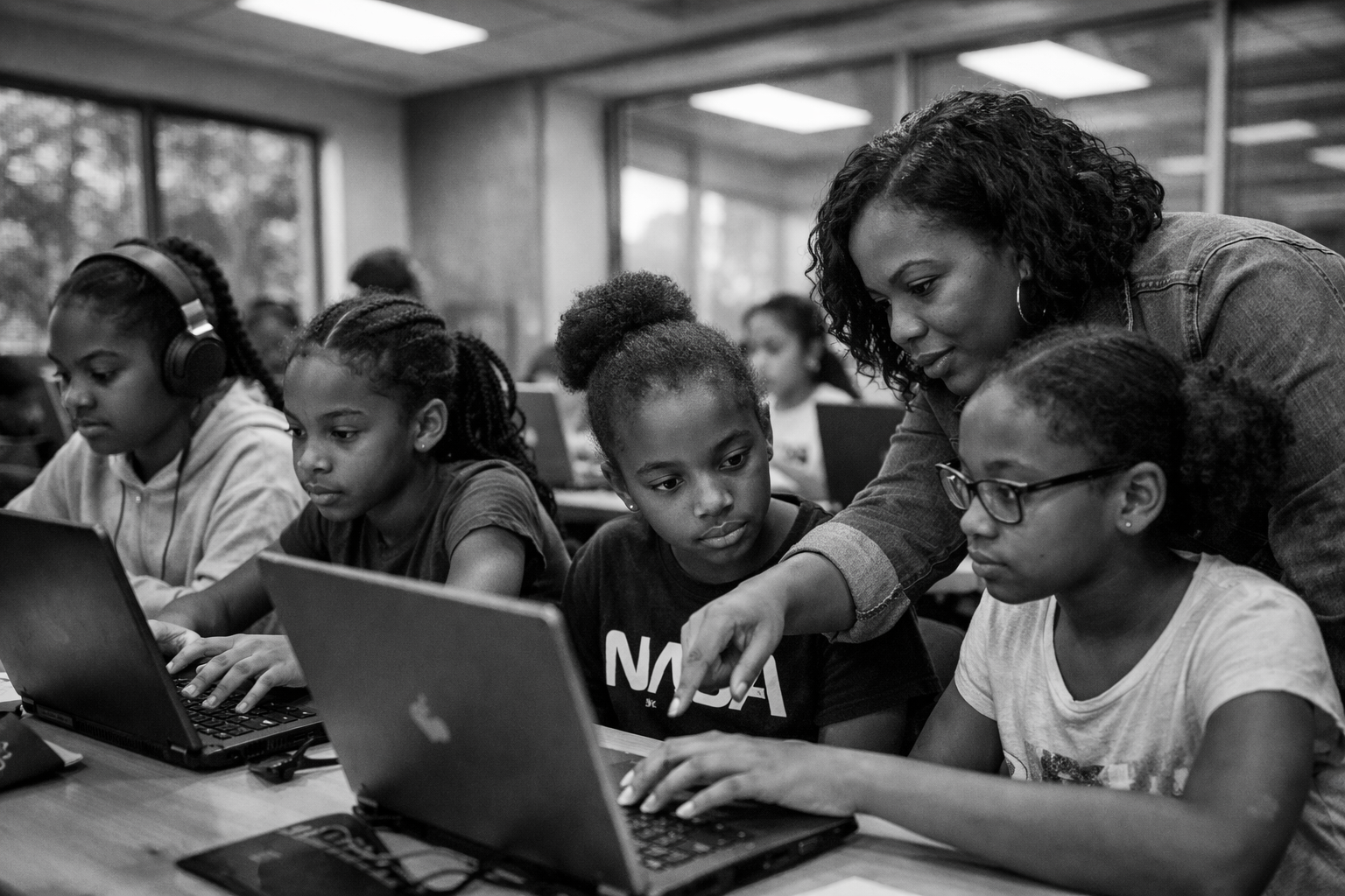 Girls at a STEM coding workshop